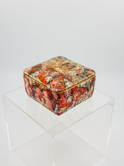 Vintage Victorian Decoupage Keepsake Box with Cherub and Rose Motif, Gold Glitter Trim, Fabric-Lined