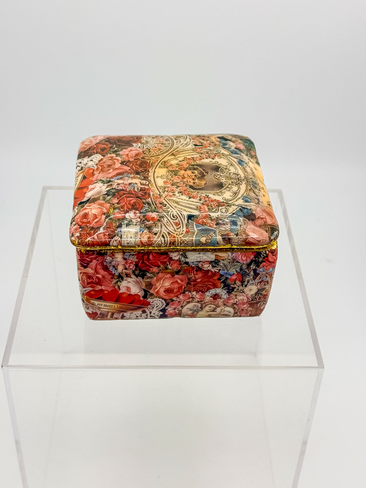 Vintage Victorian Decoupage Keepsake Box with Cherub and Rose Motif, Gold Glitter Trim, Fabric-Lined