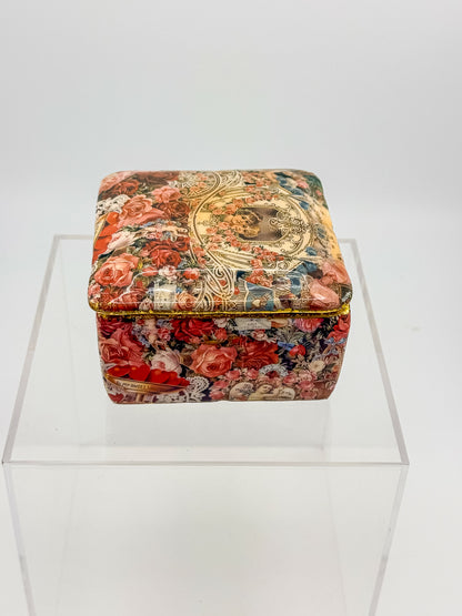 Vintage Victorian Decoupage Keepsake Box with Cherub and Rose Motif, Gold Glitter Trim, Fabric-Lined