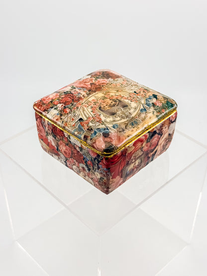 Vintage Victorian Decoupage Keepsake Box with Cherub and Rose Motif, Gold Glitter Trim, Fabric-Lined