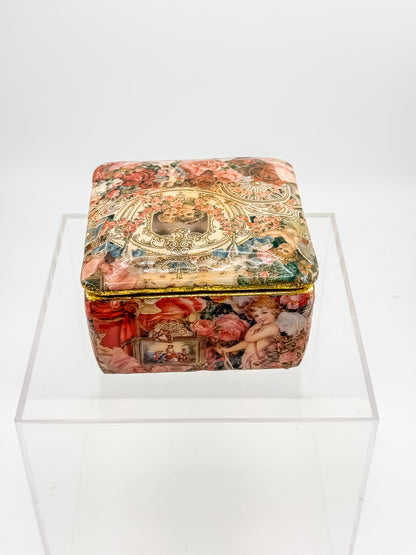 Vintage Victorian Decoupage Keepsake Box with Cherub and Rose Motif, Gold Glitter Trim, Fabric-Lined
