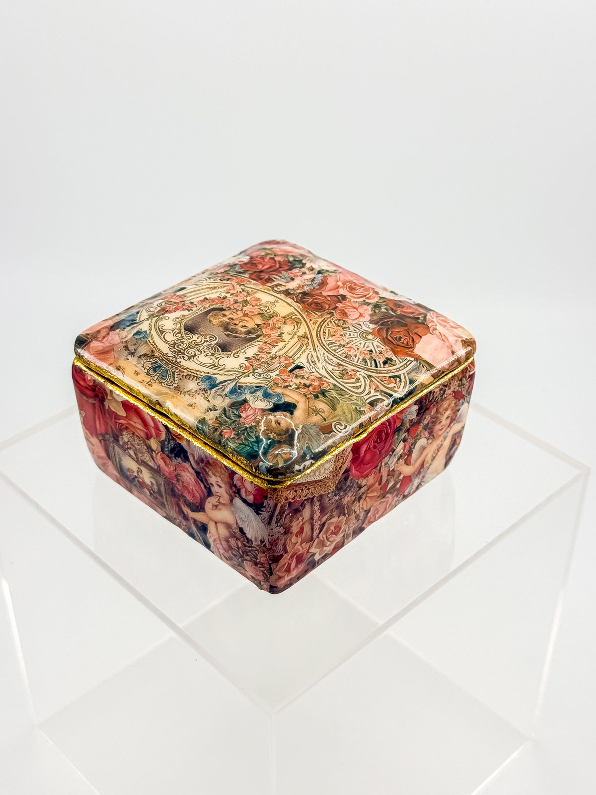 Vintage Victorian Decoupage Keepsake Box with Cherub and Rose Motif, Gold Glitter Trim, Fabric-Lined