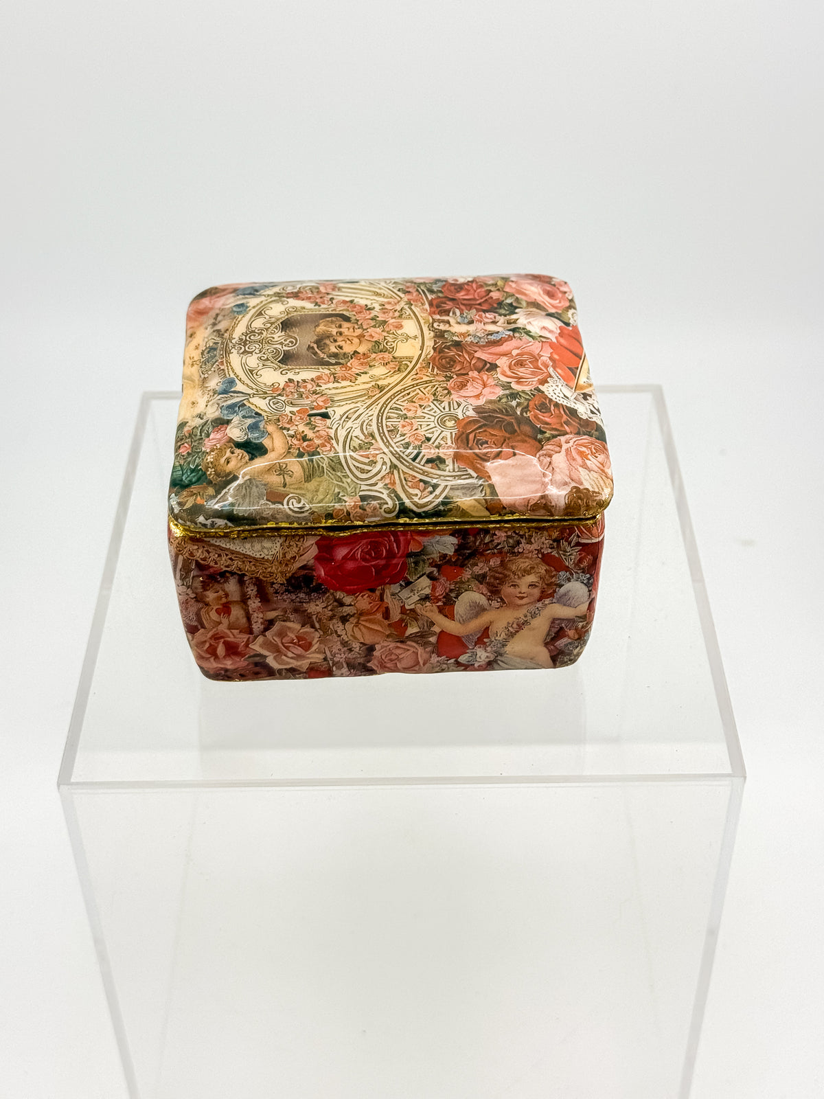 Vintage Victorian Decoupage Keepsake Box with Cherub and Rose Motif, Gold Glitter Trim, Fabric-Lined