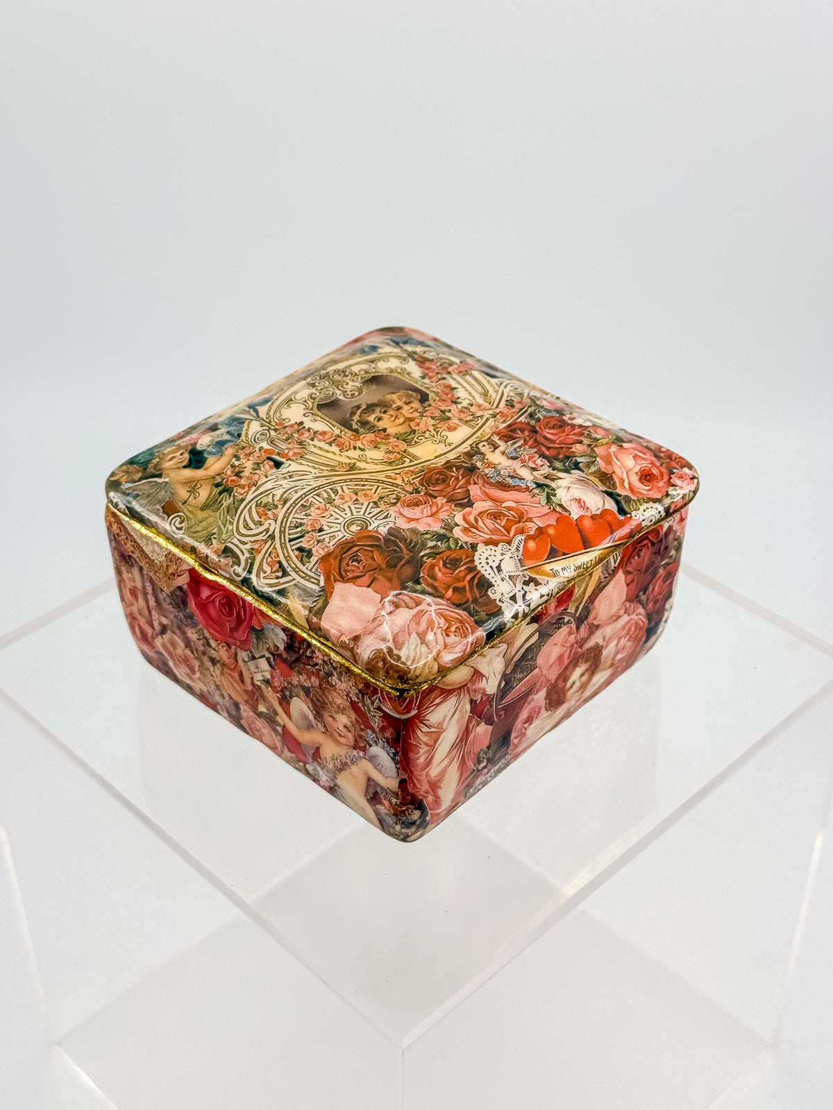 Vintage Victorian Decoupage Keepsake Box with Cherub and Rose Motif, Gold Glitter Trim, Fabric-Lined