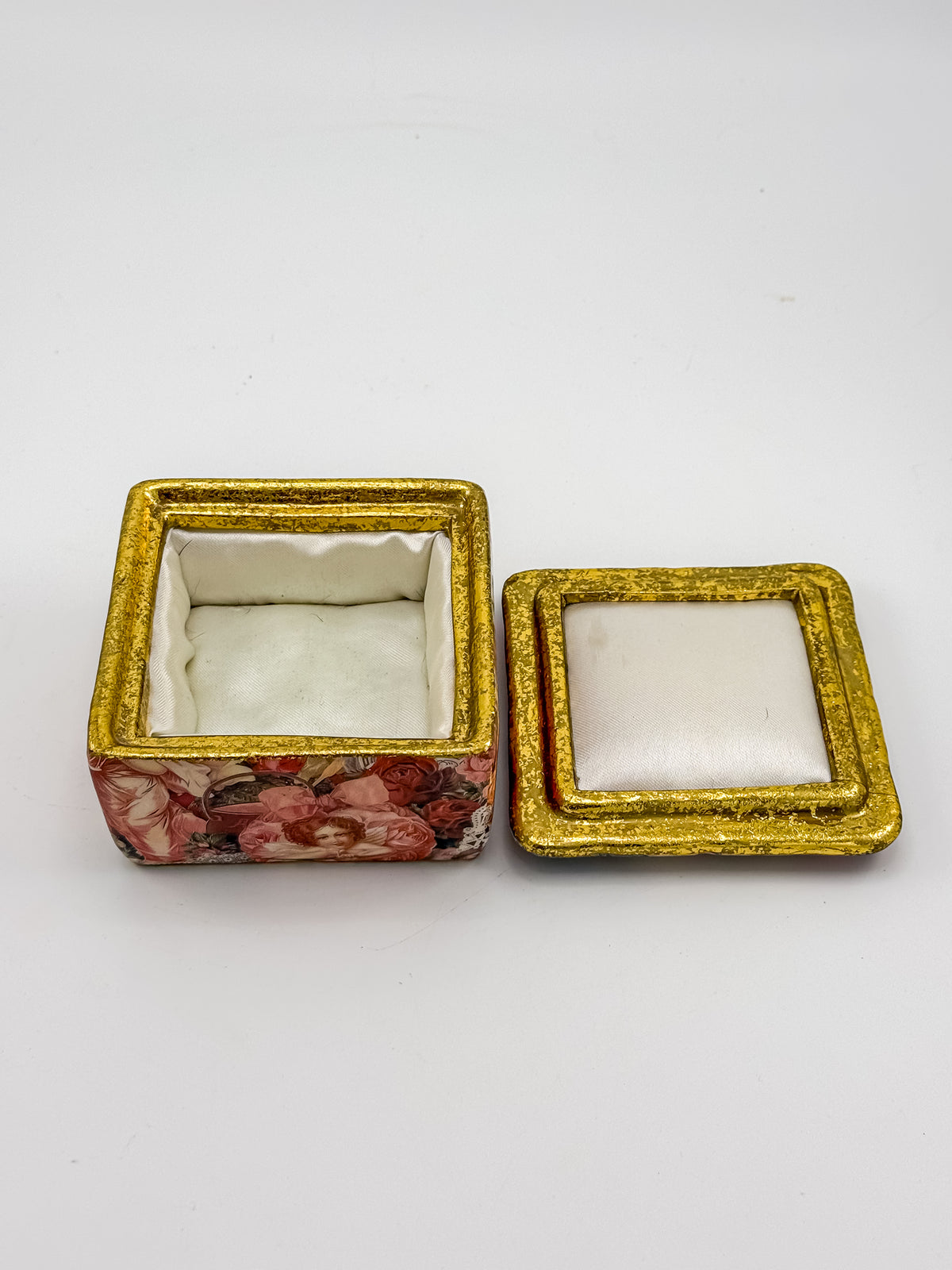 Vintage Victorian Decoupage Keepsake Box with Cherub and Rose Motif, Gold Glitter Trim, Fabric-Lined