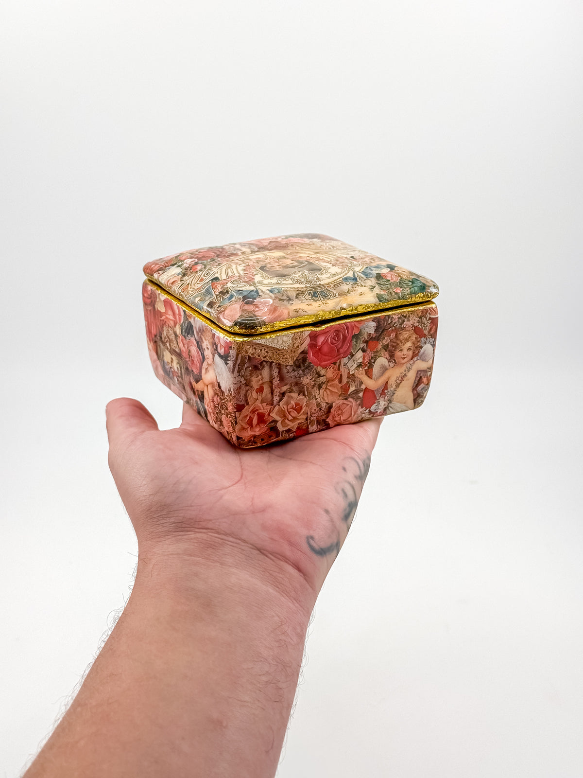 Vintage Victorian Decoupage Keepsake Box with Cherub and Rose Motif, Gold Glitter Trim, Fabric-Lined