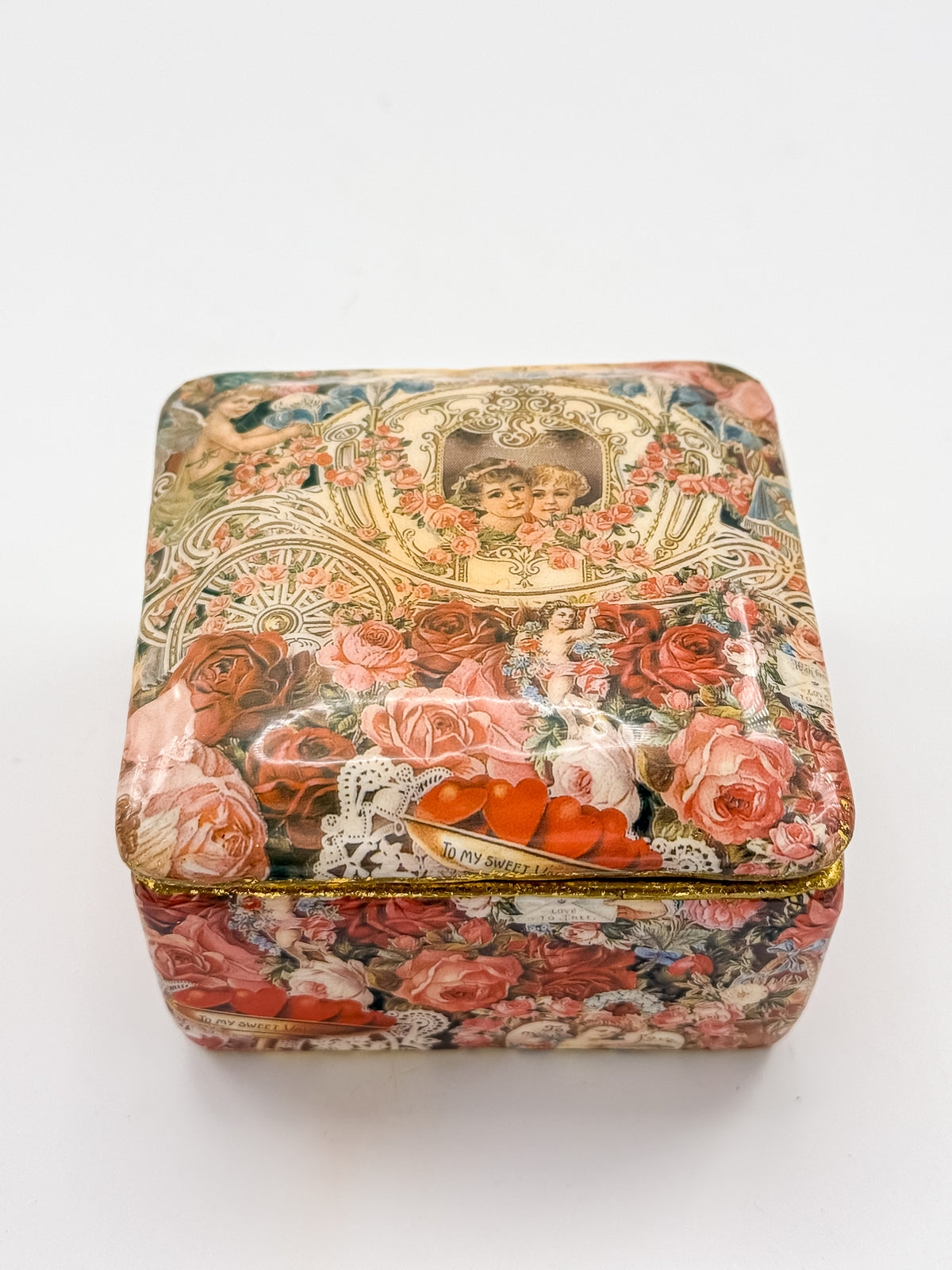 Vintage Victorian Decoupage Keepsake Box with Cherub and Rose Motif, Gold Glitter Trim, Fabric-Lined