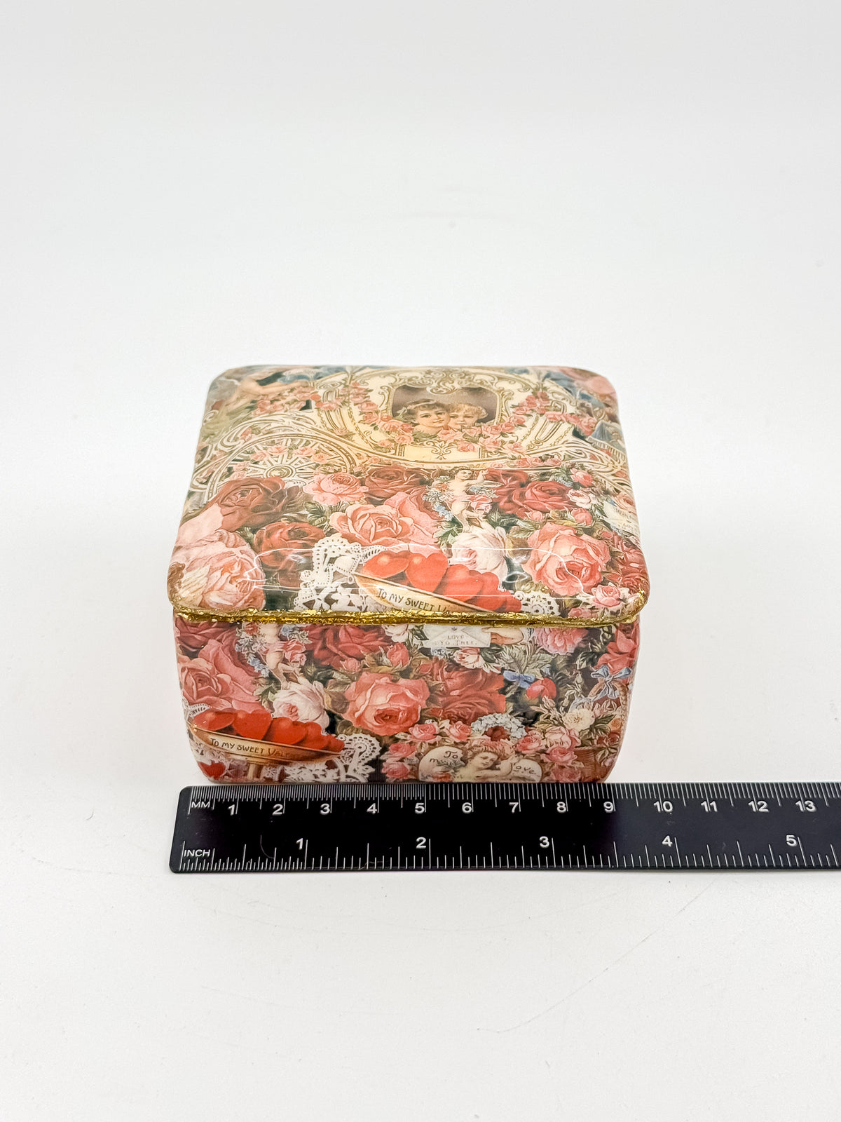 Vintage Victorian Decoupage Keepsake Box with Cherub and Rose Motif, Gold Glitter Trim, Fabric-Lined