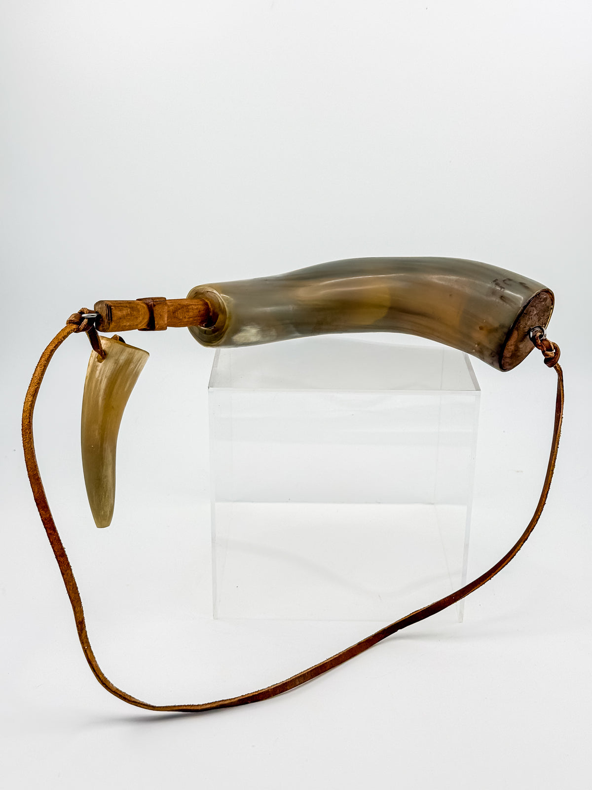 Vintage Powder Horn with Leather Thong and Priming Horn, Frontier Americana Display Piece