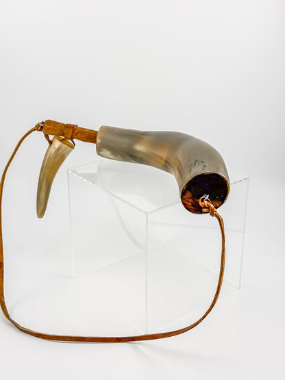 Vintage Powder Horn with Leather Thong and Priming Horn, Frontier Americana Display Piece