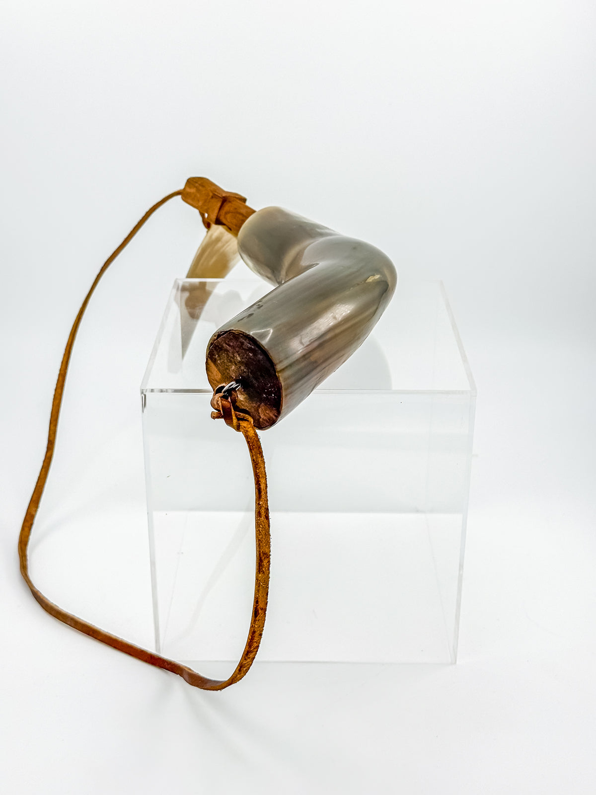 Vintage Powder Horn with Leather Thong and Priming Horn, Frontier Americana Display Piece
