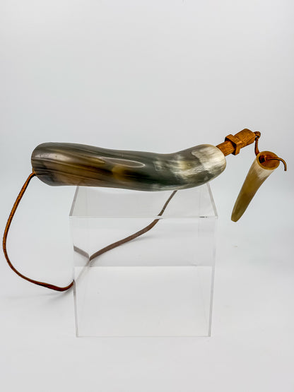 Vintage Powder Horn with Leather Thong and Priming Horn, Frontier Americana Display Piece