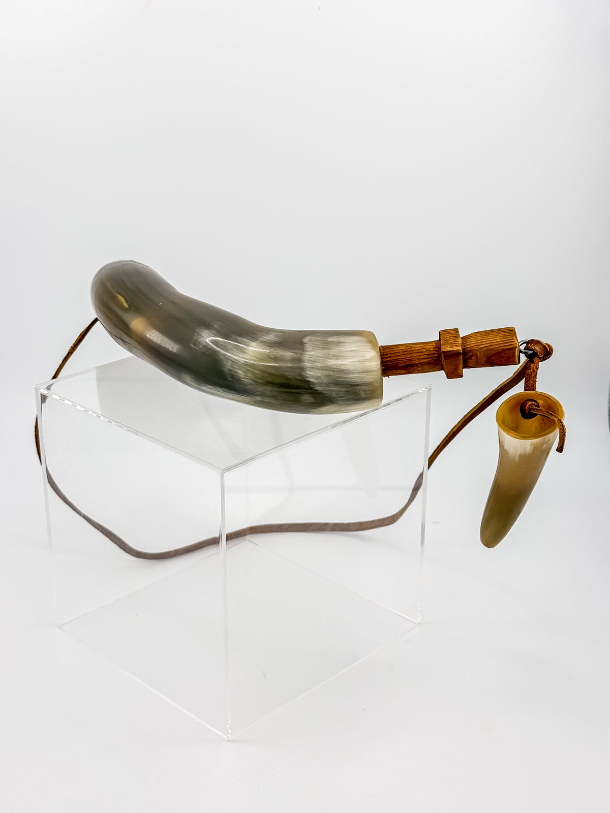 Vintage Powder Horn with Leather Thong and Priming Horn, Frontier Americana Display Piece