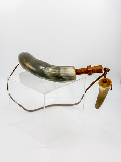 Vintage Powder Horn with Leather Thong and Priming Horn, Frontier Americana Display Piece