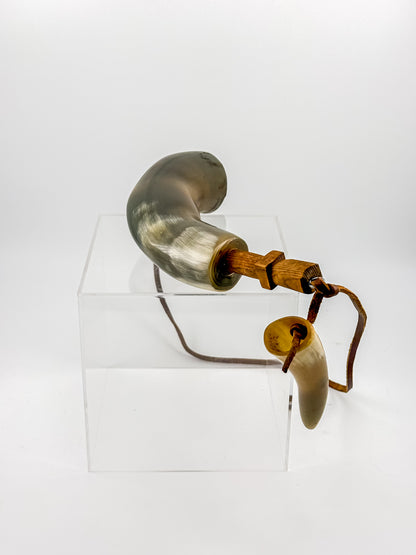 Vintage Powder Horn with Leather Thong and Priming Horn, Frontier Americana Display Piece