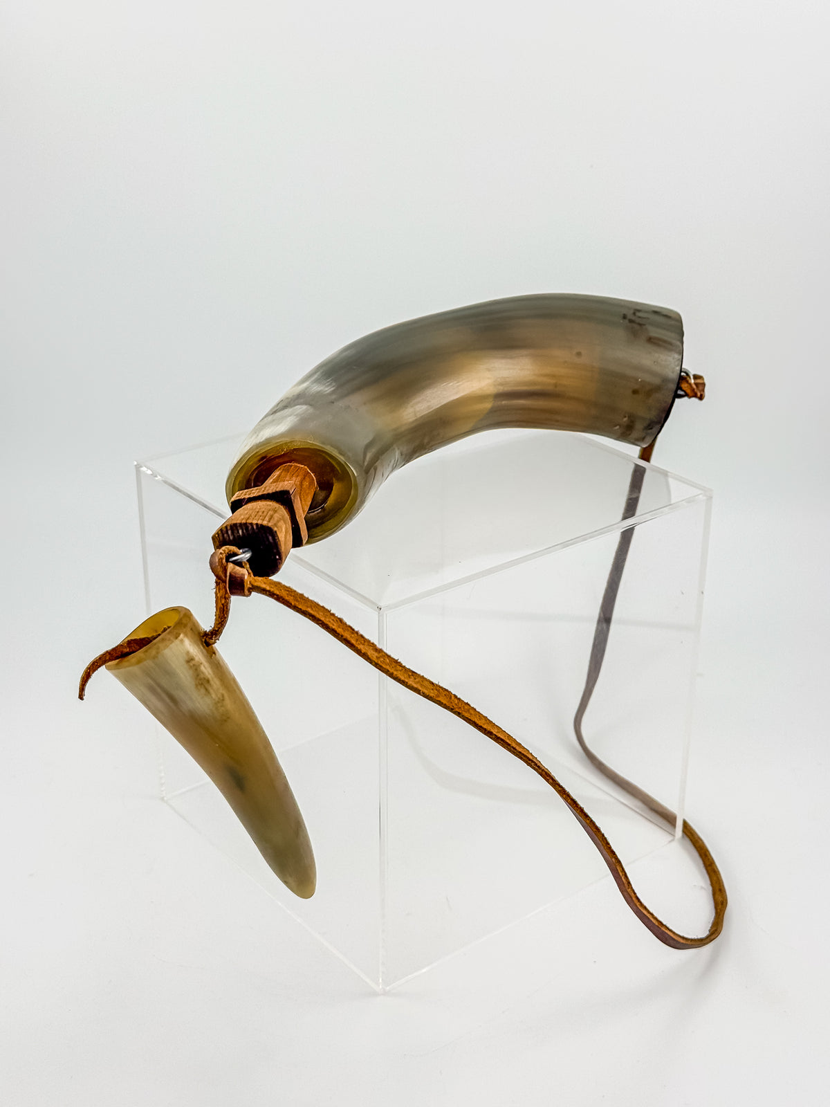 Vintage Powder Horn with Leather Thong and Priming Horn, Frontier Americana Display Piece