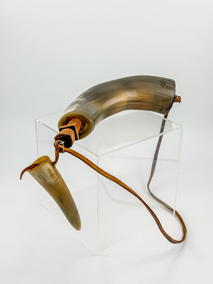 Vintage Powder Horn with Leather Thong and Priming Horn, Frontier Americana Display Piece