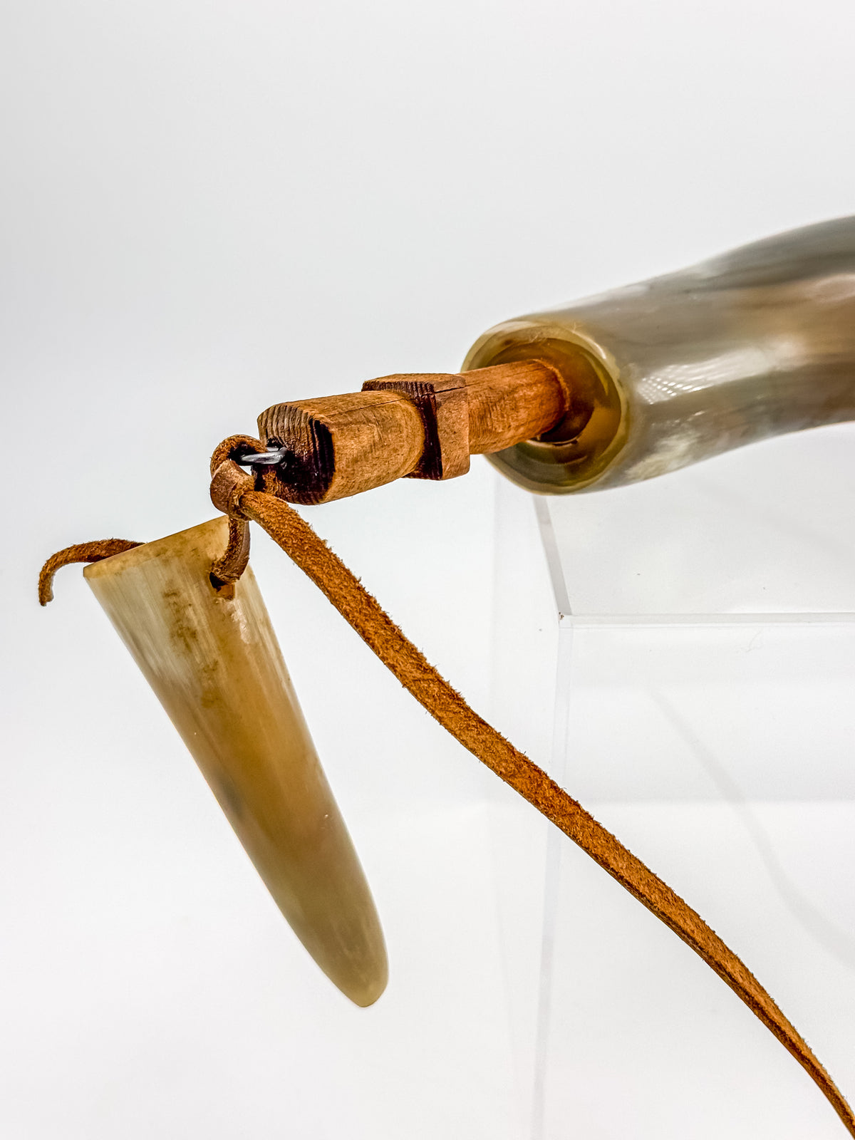 Vintage Powder Horn with Leather Thong and Priming Horn, Frontier Americana Display Piece