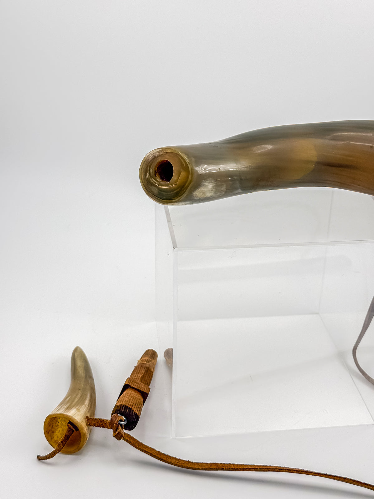 Vintage Powder Horn with Leather Thong and Priming Horn, Frontier Americana Display Piece