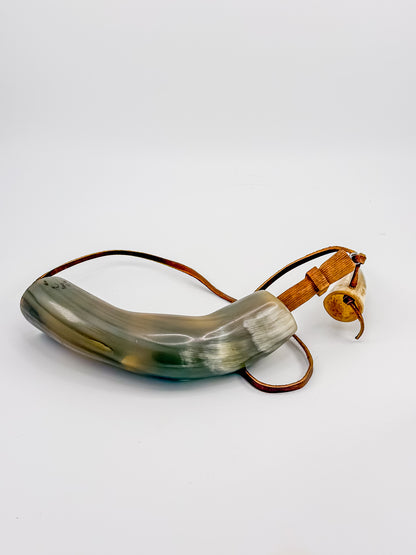 Vintage Powder Horn with Leather Thong and Priming Horn, Frontier Americana Display Piece