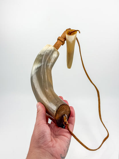 Vintage Powder Horn with Leather Thong and Priming Horn, Frontier Americana Display Piece