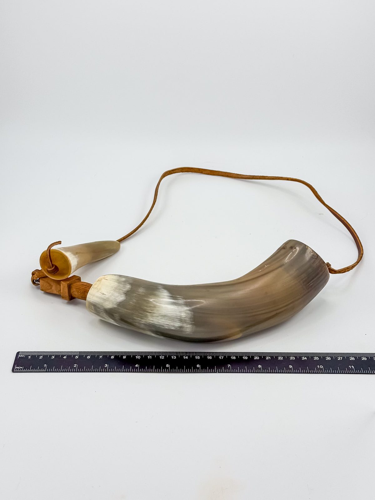 Vintage Powder Horn with Leather Thong and Priming Horn, Frontier Americana Display Piece