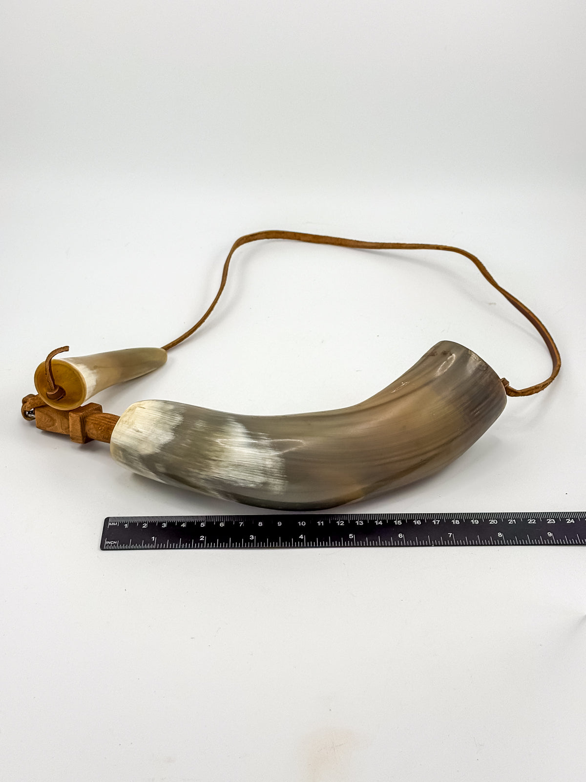 Vintage Powder Horn with Leather Thong and Priming Horn, Frontier Americana Display Piece