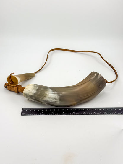 Vintage Powder Horn with Leather Thong and Priming Horn, Frontier Americana Display Piece