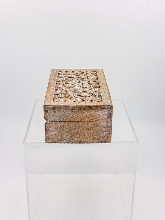 Vintage Hand-Carved Wooden Keepsake Box with Floral Relief Lid