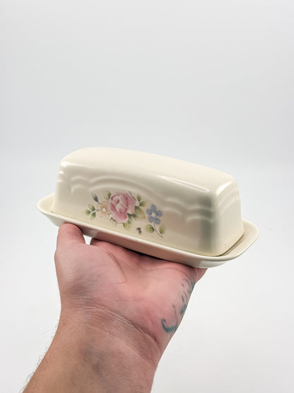Vintage Pfaltzgraff Tea Rose 1/4-Pound Covered Butter Dish, Cream Stoneware