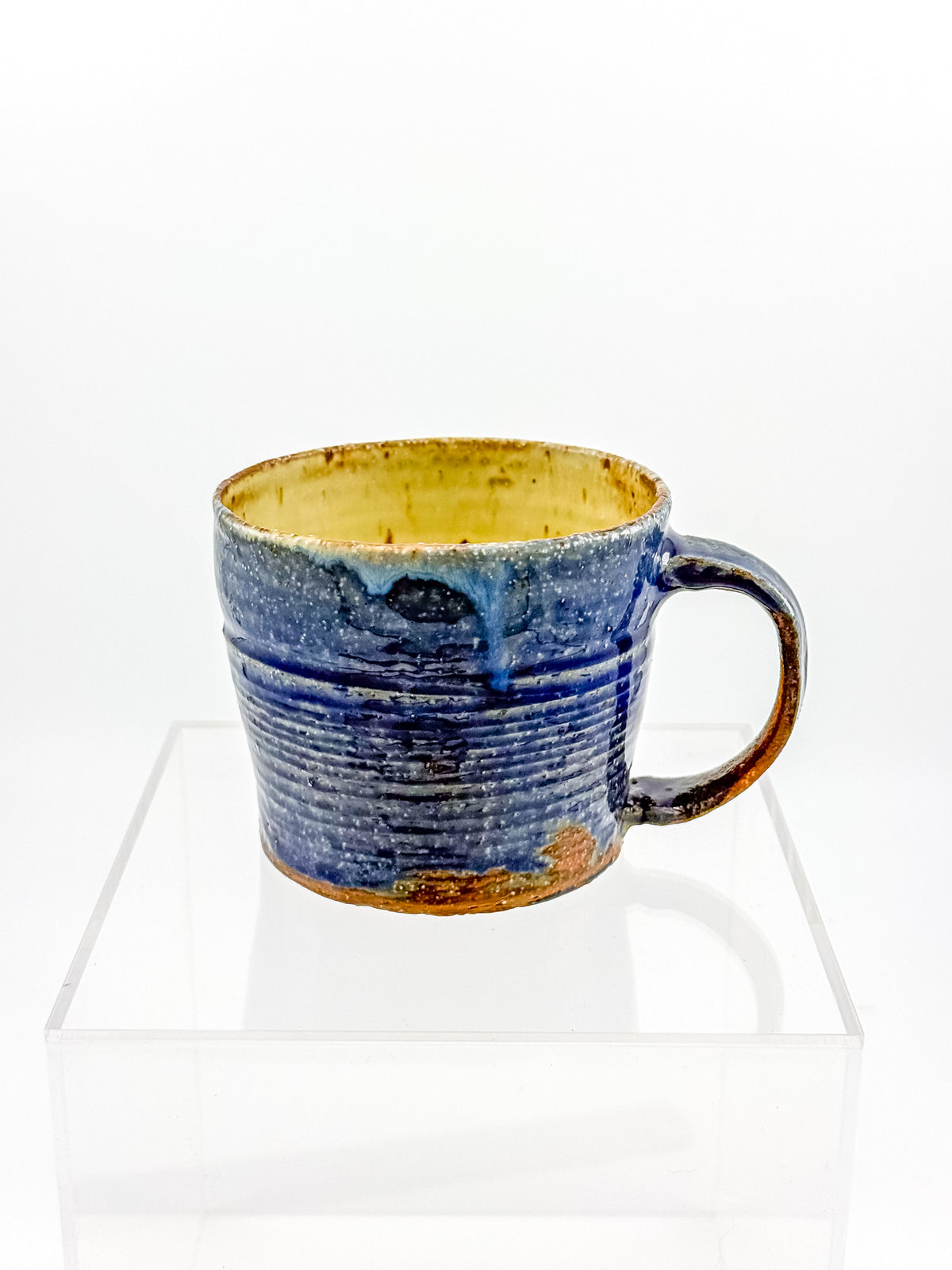 Handmade Blue Studio Pottery Mug with Mustard Yellow Interior