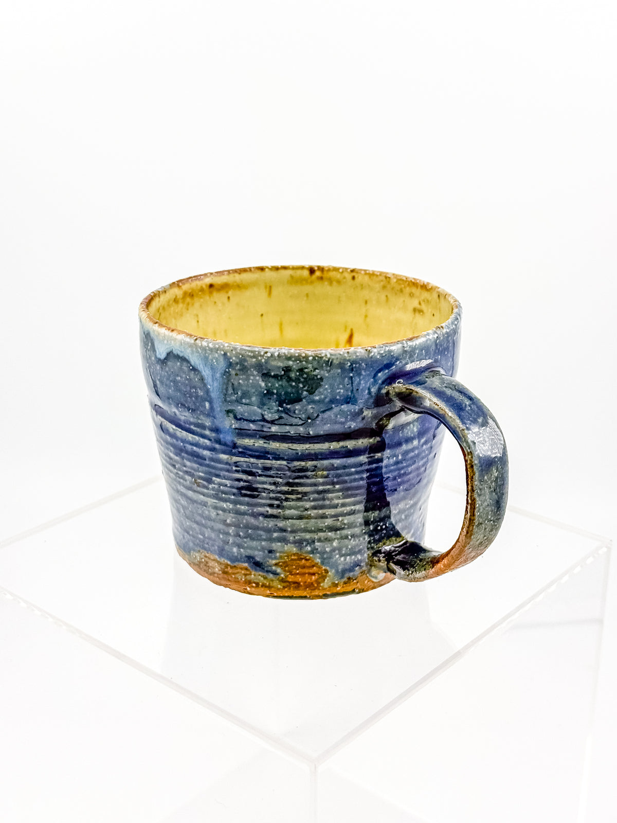 Handmade Blue Studio Pottery Mug with Mustard Yellow Interior