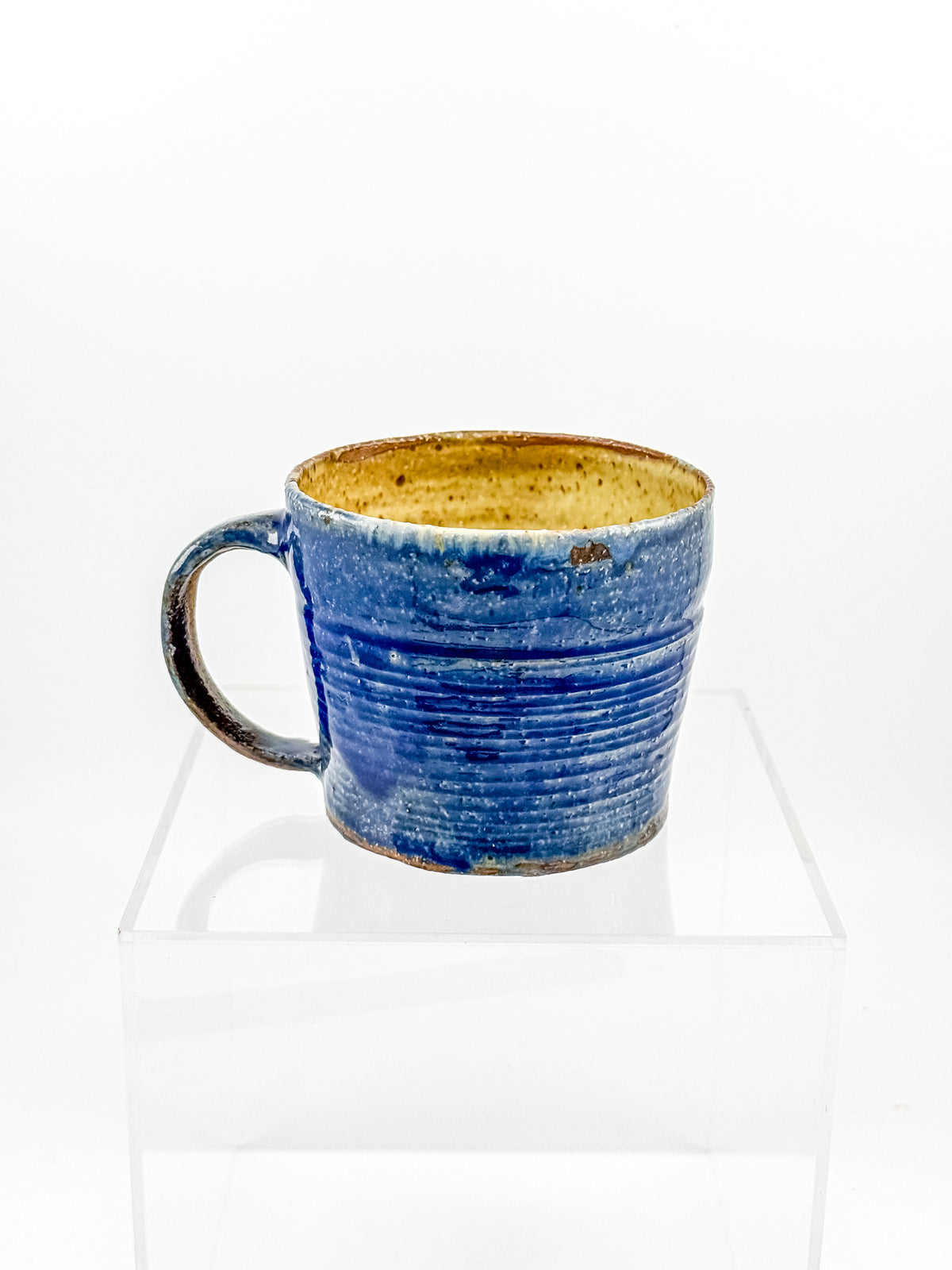 Handmade Blue Studio Pottery Mug with Mustard Yellow Interior