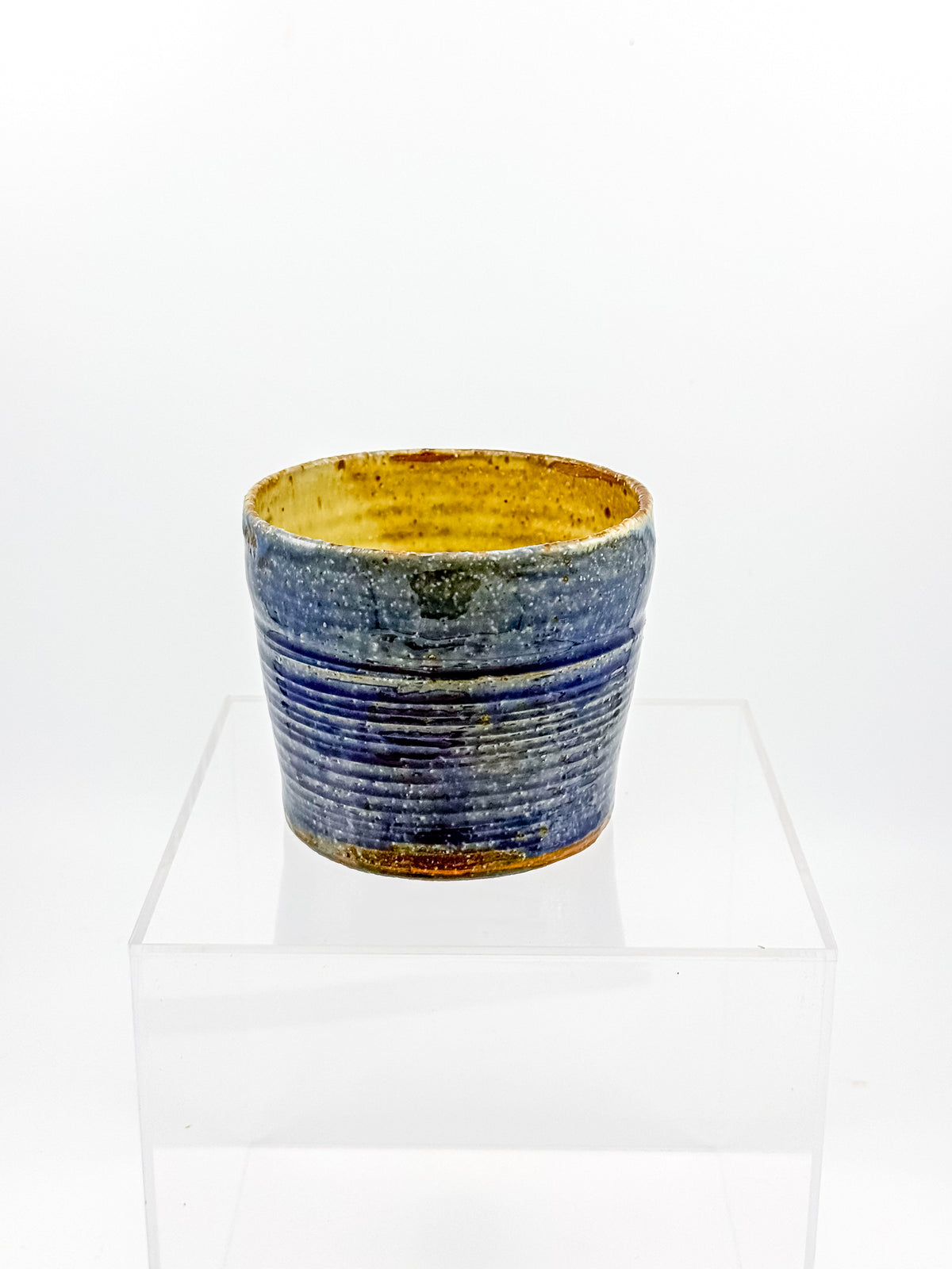 Handmade Blue Studio Pottery Mug with Mustard Yellow Interior