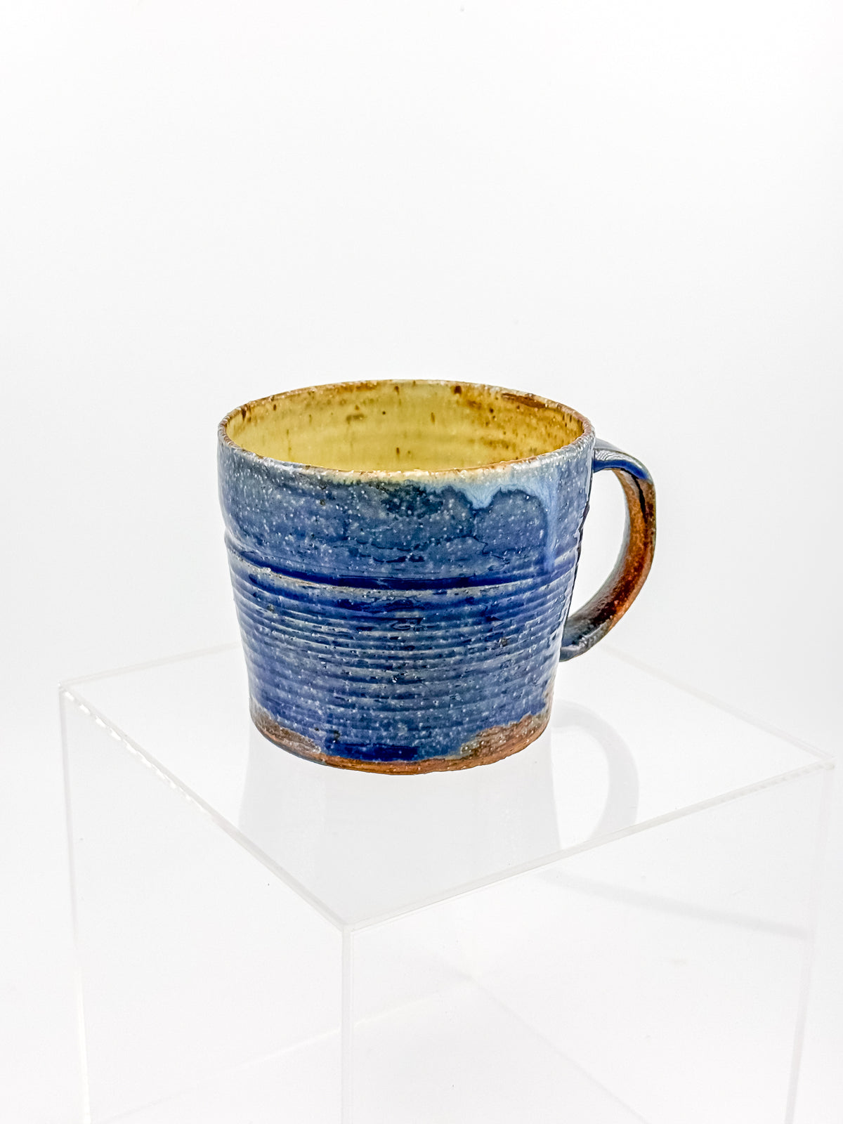 Handmade Blue Studio Pottery Mug with Mustard Yellow Interior