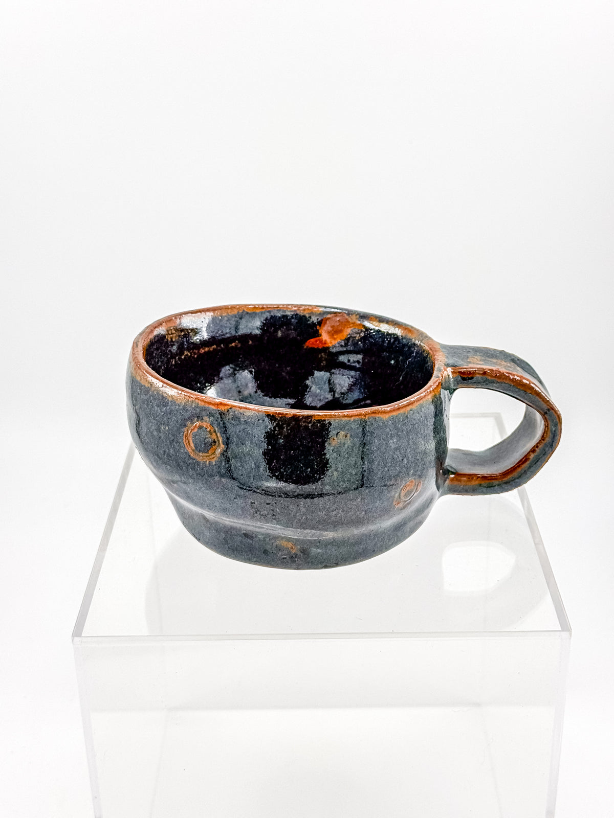 Abstract Blue Studio Pottery Mug with Rust-Orange Glaze Accents