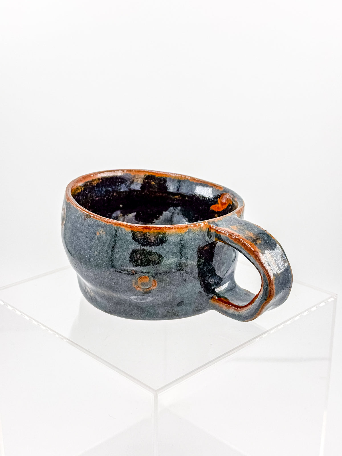 Abstract Blue Studio Pottery Mug with Rust-Orange Glaze Accents