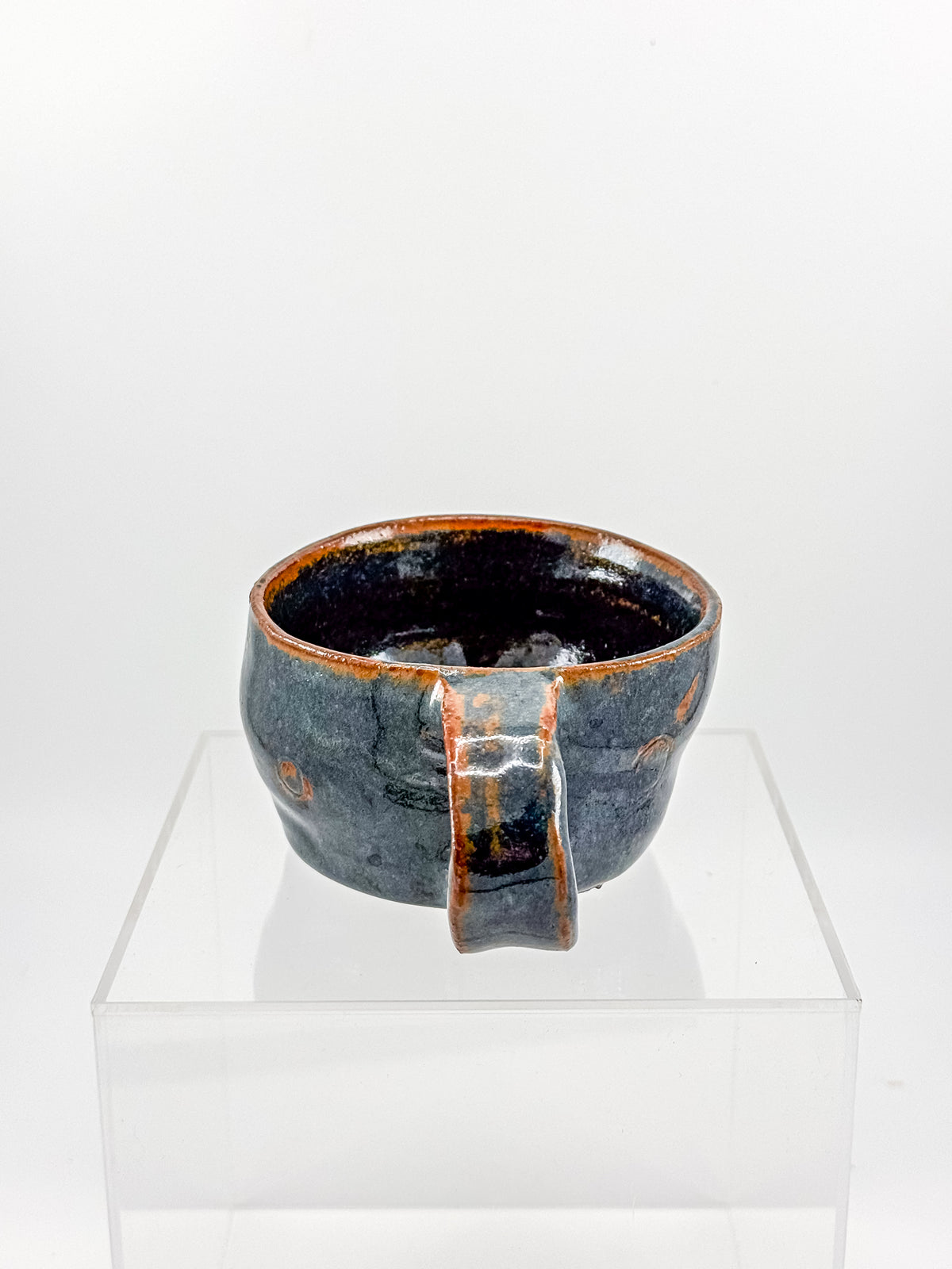 Abstract Blue Studio Pottery Mug with Rust-Orange Glaze Accents