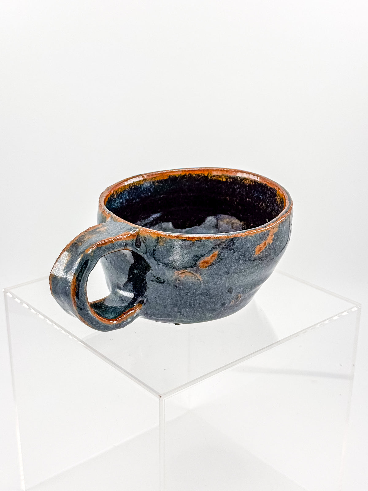 Abstract Blue Studio Pottery Mug with Rust-Orange Glaze Accents