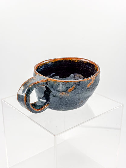 Abstract Blue Studio Pottery Mug with Rust-Orange Glaze Accents