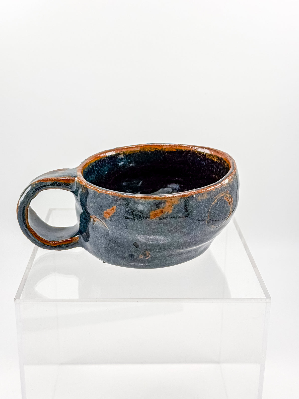 Abstract Blue Studio Pottery Mug with Rust-Orange Glaze Accents