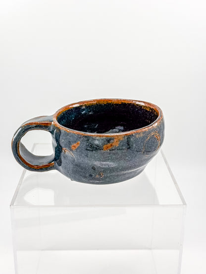Abstract Blue Studio Pottery Mug with Rust-Orange Glaze Accents