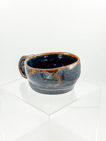 Abstract Blue Studio Pottery Mug with Rust-Orange Glaze Accents