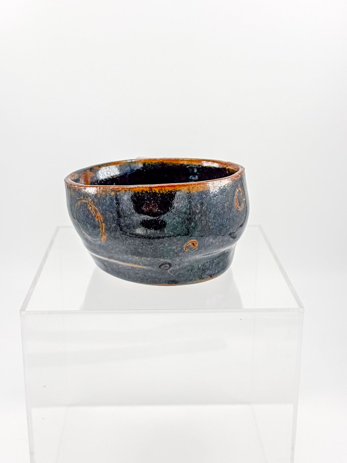 Abstract Blue Studio Pottery Mug with Rust-Orange Glaze Accents