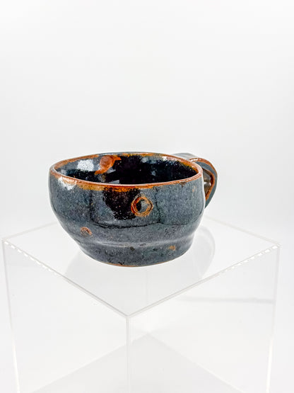 Abstract Blue Studio Pottery Mug with Rust-Orange Glaze Accents