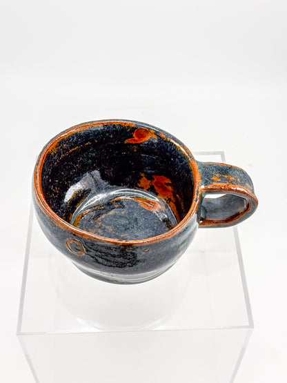 Abstract Blue Studio Pottery Mug with Rust-Orange Glaze Accents