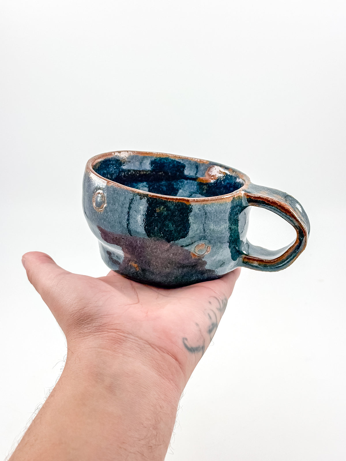Abstract Blue Studio Pottery Mug with Rust-Orange Glaze Accents