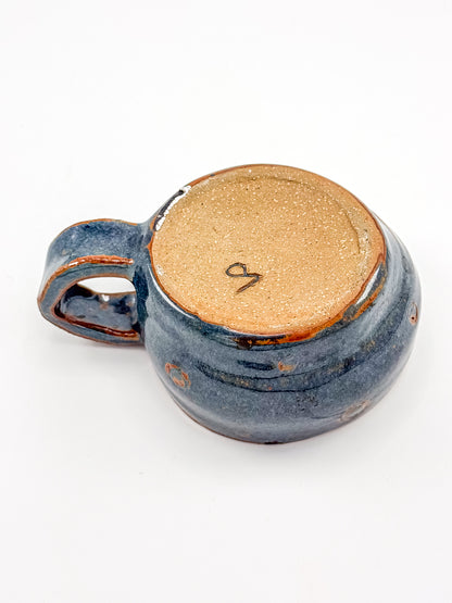 Abstract Blue Studio Pottery Mug with Rust-Orange Glaze Accents