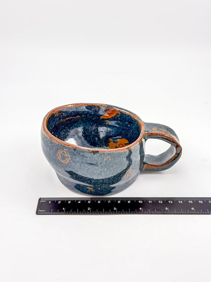 Abstract Blue Studio Pottery Mug with Rust-Orange Glaze Accents