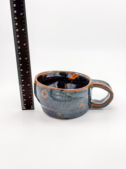 Abstract Blue Studio Pottery Mug with Rust-Orange Glaze Accents